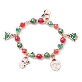 Christmas Theme Electroplate Glass Beaded Stretch Bracelets, with Alloy Santa Claus Tree Enamel Pendants