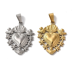 PVD Vacuum Plating 304 Stainless Steel Pendants, Heart with Flower Charms