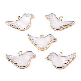 Pendentifs de coquillages d'eau douce naturelle, avec boucles en fer, bord en laiton doré, oiseau