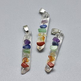 Pendeloques de cristal de quartz naturel, avec des copeaux de pierres précieuses et des résultats en laiton, facette, chakra, balle