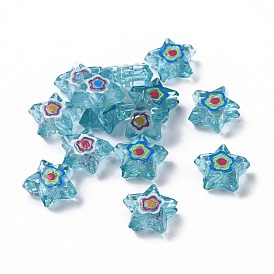 Printed Transparent Acrylic Beads, Star with Flower Pattern