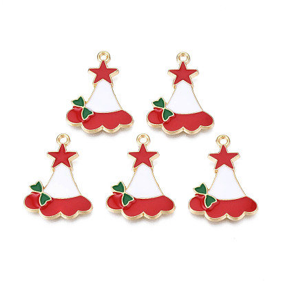 Rack Plating Alloy Enamel Charms, Cadmium Free & Nickel Free & Lead Free, Light Gold, Christmas Hat with Star