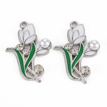 Pendentifs en alliage, avec perle d'imitation abs blanc et émail, platine, fleur