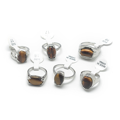 Natural Tiger Eye Rings, with Alloy Findings, Mixed Size