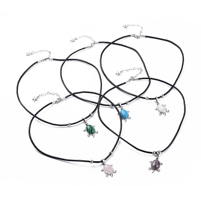 Pendant Necklaces, with Cowhide Leather Cord, Tortoise Shape Gemstone Pendants, Brass Findings, 304 Stainless Steel Lobster Claw Clasps and Starfish/Sea Stars Alloy Charms
