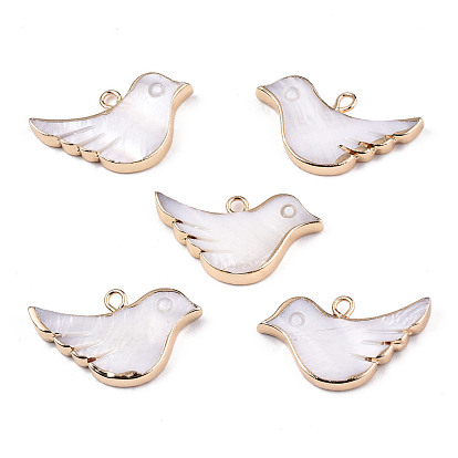 Pendentifs de coquillages d'eau douce naturelle, avec boucles en fer, bord en laiton doré, oiseau