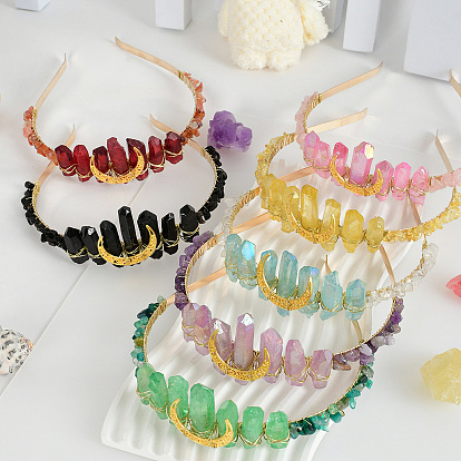 Hollow Moon Metal with Raw & Chips Natural Quartz Wrapped Hair Hair Bands, for Birthday Party Hair Accessories