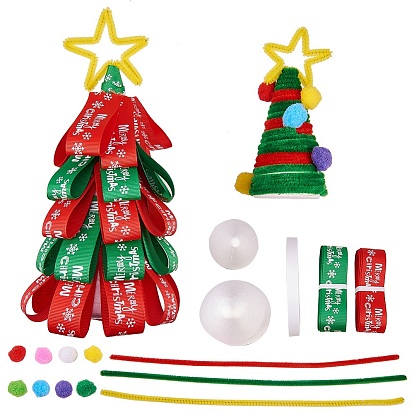 DIY Christmas Trees Making, Cone Modelling Polystyrene Crafts, Tinsel Garland Craft Wire and Ribbon