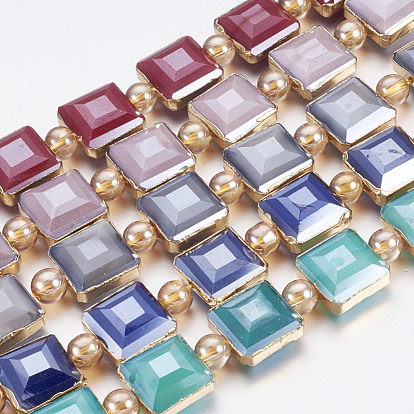 Opaque Glass Beads Strands, with Brass Findings, Pearl Luster Plated, Faceted, Square