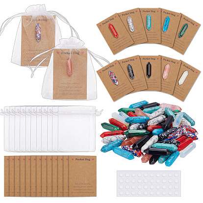 60 piezas 10 estilos vidrio y sintético mixto gema puntas dobles terminadas piedras curativas en forma de bala, con cinta adhesiva acrílica de doble cara, tarjetas de la exhibición de joyería de papel