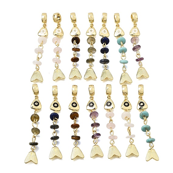 Brass Pave Cubic Zirconia Clear Cubic Zirconia & Gemstone & Enamel European Dangle Charms, Large Hole Charms, Fish, Rack Plating, Long-Lasting Plated, Cadmium Free & Lead Free, Real 18K Gold Plated
