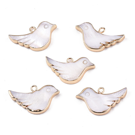 Natural Freshwater Shell Pendants, with Iron Loops, Brass Edge Golden Plated, Bird