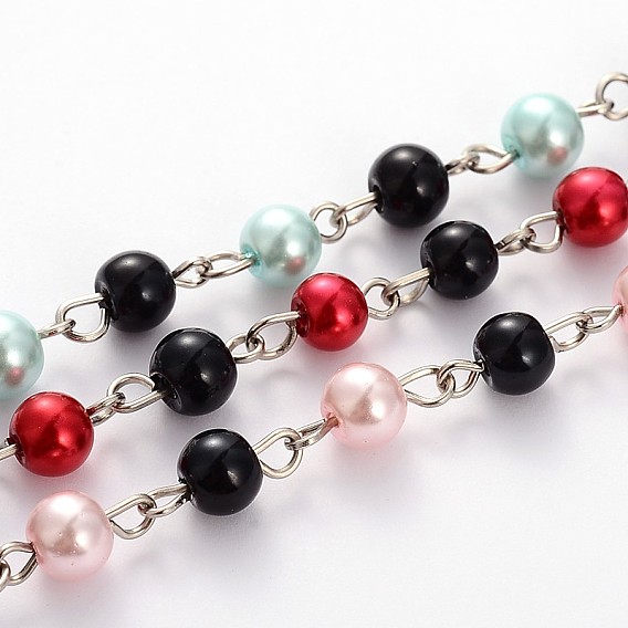 Glass Pearl Round Beads Chains for Necklaces Bracelets Making, with Platinum Iron Eye Pin, Unwelded, 39.3 inch