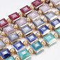Opaque Glass Beads Strands, with Brass Findings, Pearl Luster Plated, Faceted, Square