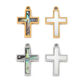 Ion Plating(IP) 304 Stainless Steel Pendants, Natural Paua Shell/White Shell Cross Charms