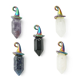 Natural Mixed Gemstone Pendants, Faceted Bullet Charms, with Rainbow Color Plated Alloy Witch Hat Pendant Bails