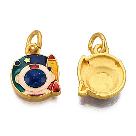 Alloy Enamel Charms, Cadmium Free & Lead Free, with Glitter Powder and Jump Rings, Matte Gold Color, Spaceman with Rocket