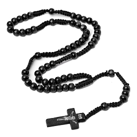 Wood Beads Corss with Jesus Pendant Necklaces, Rosary Bead Necklaces for Women