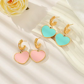 Minimalist Colorful Oil Drop Love Stainless Steel Earrings - Unique Design, Versatile, Heart-shaped.