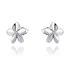 Flower Real Rose Gold and Platinum Plated Fashion Eco-Friendly Alloy Micro Pave Cubic Zirconia Stud Earrings, Lead Free & Nickel Free & Cadmium Free, 12x12mm