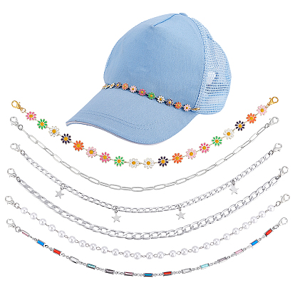 6 шт. 6 стили алюминиевая цепочка с панцирным плетением и латунные стразы и пластиковые жемчужные бусины цепочка для шляп, Сплав с застежками когтя омара, цветок и звезда и прямоугольник