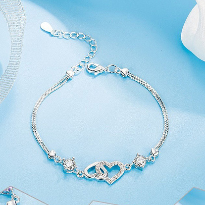 Brass Crystal Rhinestone Couple Heart Link Bracelets for Women