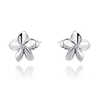Flower Real Rose Gold and Platinum Plated Fashion Eco-Friendly Alloy Micro Pave Cubic Zirconia Stud Earrings, Lead Free & Nickel Free & Cadmium Free, 12x12mm