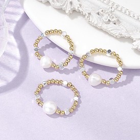 Латунные бусины и синтетические гематитовые бусины эластичные кольца для женщин, с натуральным пресноводным жемчугом, куб и круглый