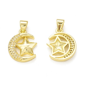 Rack Plating Brass Micro Pave Clear Cubic Zirconia Pendants, Cadmium Free & Lead Free, Long-Lasting Plated, Moon with Star Charm