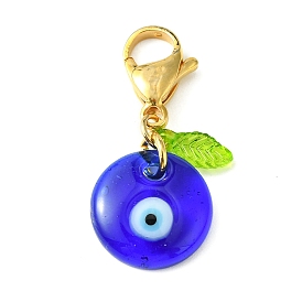 Blue Evil Eye Lampwork Pendant Decorations, Acrylic Leaf and 304 Stainless Steel Lobster Claw Clasp Charm