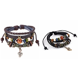 Leater Braided Multi-strand Bracelet with Alloy Musical Note Charms, Natural Mixed Gemstone Beaded Bracelet for Men Women