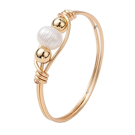 Copper Wire Wrapped Natural Cultured Freshwater Pearl Beads Finger Rings for Women, with Brass Beads