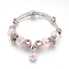 Европейские браслеты, с тибетском стиле сплава горный хрусталь эмаль бисер, Бусины из cмолы, латунные цепи и цепи безопасности, античное серебро, цветок