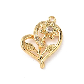 Латунные микропаве прозрачные подвески с фианитом, сердце с цветочным шармом, без никеля 