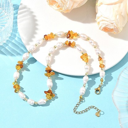 Natural Gemstone Chip & Rice Cultured Freshwater Pearl Beaded Necklaces for Women, Golden