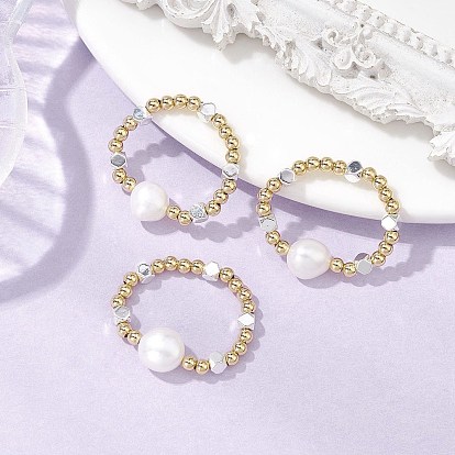 Латунные бусины и синтетические гематитовые бусины эластичные кольца для женщин, с натуральным пресноводным жемчугом, куб и круглый