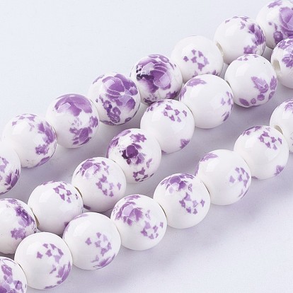 Handmade Flower Printed Porcelain Ceramic Beads Strands, Round