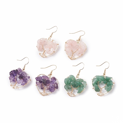 Natural Gemstone Chips Braided Heart with Tree of Life Dangle Earrings, Brass Wire Wrap Jewelry for Women, Golden