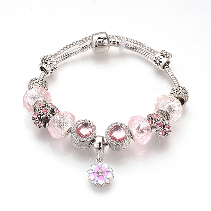 Европейские браслеты, с тибетском стиле сплава горный хрусталь эмаль бисер, Бусины из cмолы, латунные цепи и цепи безопасности, античное серебро, цветок