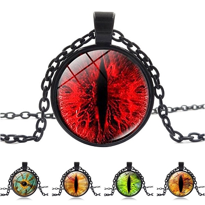 Alloy Cable Chain Necklaces, Glass Dragon Eye Pendant Necklaces for Sweater, Black