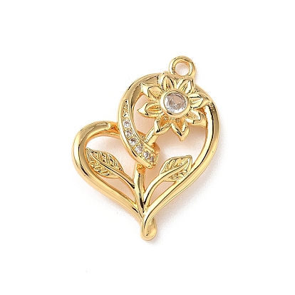 Латунные микропаве прозрачные подвески с фианитом, сердце с цветочным шармом, без никеля 