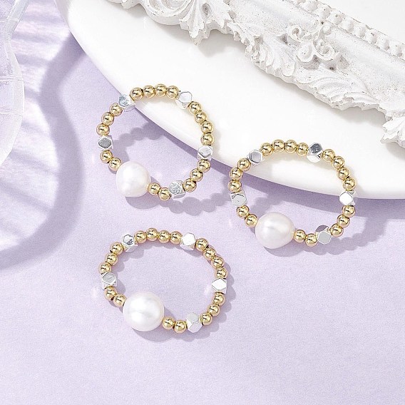 Латунные бусины и синтетические гематитовые бусины эластичные кольца для женщин, с натуральным пресноводным жемчугом, куб и круглый