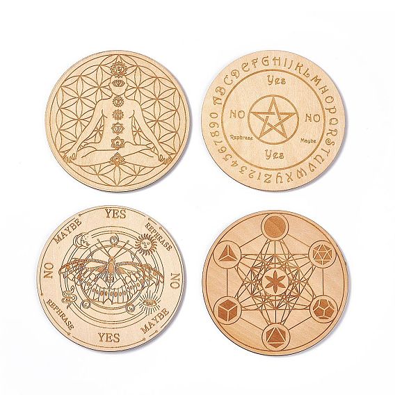Wooden Carved Cup Mats, Heat Resistant Pot Mats, Tarot Theme Pendulum Board, for Home Kitchen, Flat Round with Chakra Theme/Pentagram/Butterfly/Metatron's Cube Geometrical Pattern