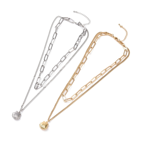 304 Stainless Steel Double Chains Multi Layered Necklace with Shell Shape Charm for Women