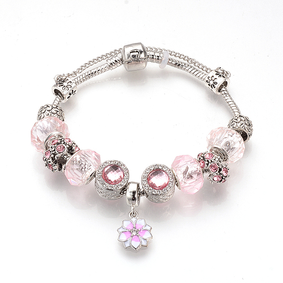 Европейские браслеты, с тибетском стиле сплава горный хрусталь эмаль бисер, Бусины из cмолы, латунные цепи и цепи безопасности, античное серебро, цветок