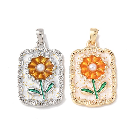 Латунь эмаль подвески, с abs имитационными жемчужными бусинами , прямоугольник с цветочными подвесками, без кадмия и без свинца, стойки покрытие, долговечный, с целью перехода в кольце