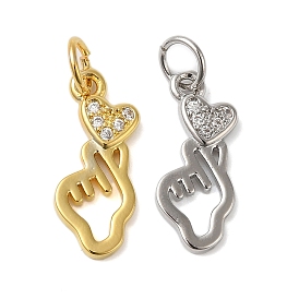 Rack Plating Brass & Clear Cubic Zirconia Pendants, Cadmium Free & Lead Free, Long-Lasting Plated, Hand with Heart, with Jump Ring