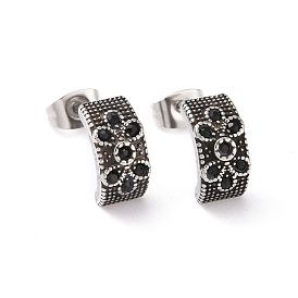 Jet Rhinestone Arch with Flower Stud Earrings, 304 Stainless Steel Jewelry for Women