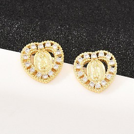 Серьги-гвоздики из латунного микро-паве, Сердце с Девой Марией, долговечный, стойки покрытие, без свинца и без кадмия
