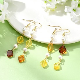 304 Серьги-подвески из нержавеющей стали с жемчугом в форме ракушки, ромб, с подвесками из натурального янтаря